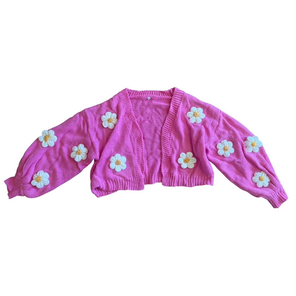 Pink Chunky Knit Daisy Cardigan Cropped Balloon Sleeve Sweater XL Spring Flowers